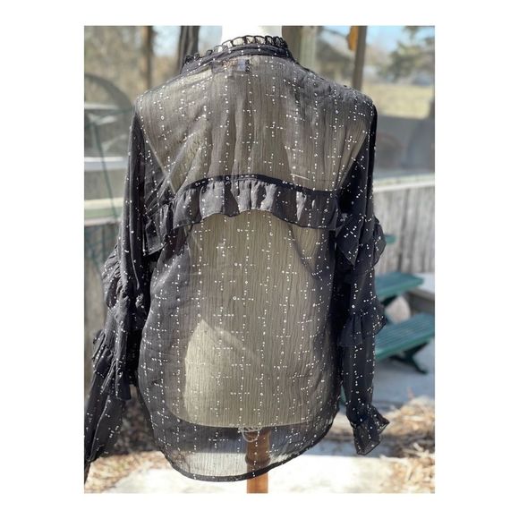 Cream Sheer Blouse Long Statement Sleeve Keyhole Bow Tiered Ruffle Neck Sz 38 - Picture 6 of 11